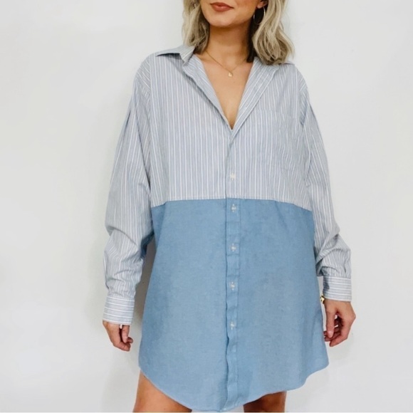 Poplin Patchwork Color Block Button Down Shirt Dress - Picture 1 of 8